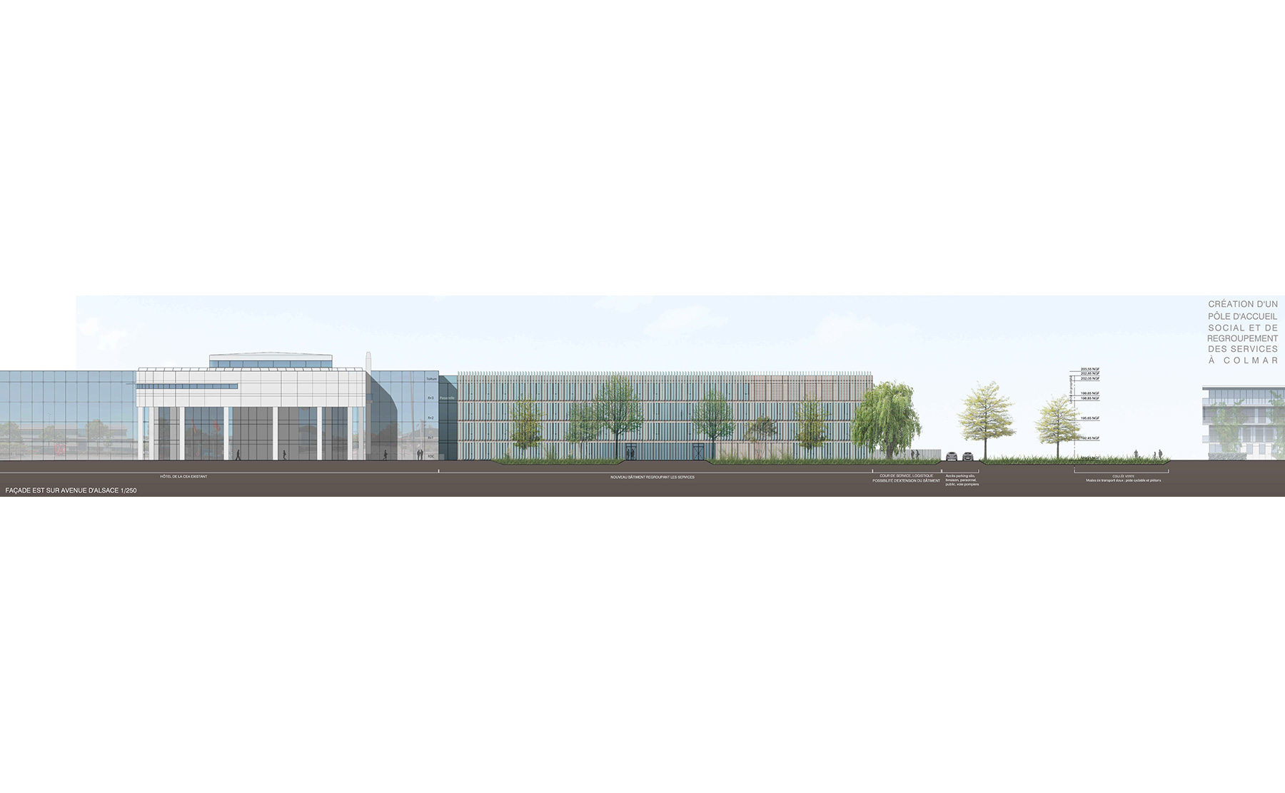 Façade Est - Pôle d’accueil social et de regroupement des services de la CEA / Colmar