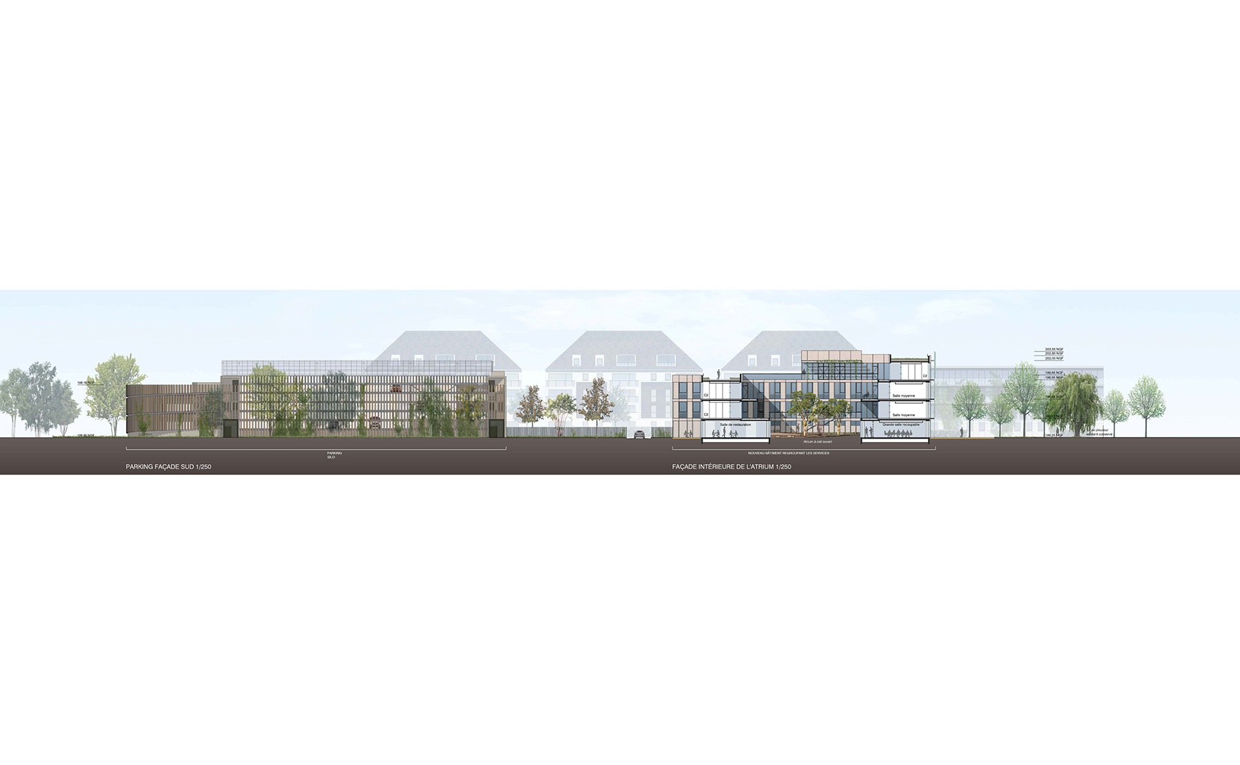 Parking façade Sud et Façade intérieure de l'Atrium - Pôle d’accueil social et de regroupement des services de la CEA / Colmar