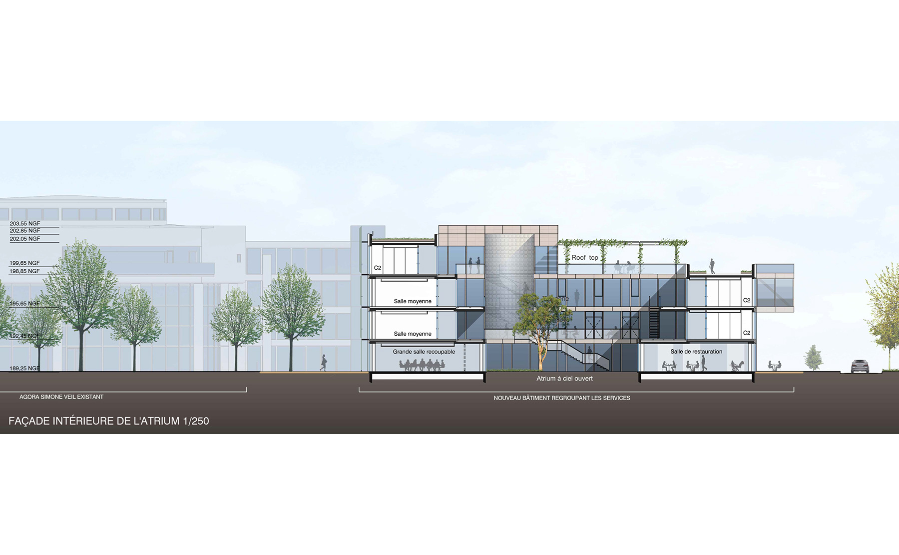 Façade intérieure de l'Atrium - Pôle d’accueil social et de regroupement des services de la CEA / Colmar