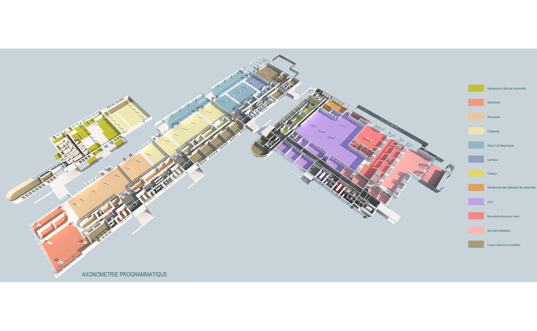 Axonométrie programmatique - Reorganisation fonctionnelle du Lycée Heinrich-Nessel / Haguenau
